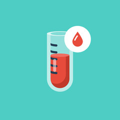 Blood test icon. Vector illustration flat design. Isolated on background. Sample blood in a test tube. Medical laboratory research. Equipment for analysis.