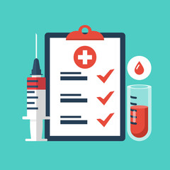 Blood test icon. Vector illustration flat design. Isolated on background. Sample blood in a test tube, syringe and clipboard with research results. Medical laboratory equipment for analysis.
