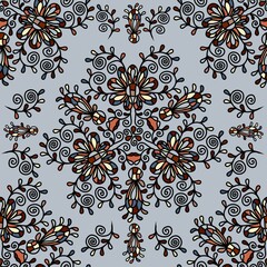  Seamless pattern with abstract ornament on blue background. Round mandala. Design for fabric, wallpaper, cover.