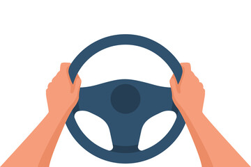 Hands on the steering wheel of a car. Driver vehicle. Web Design Template Automobile background. Vector illustration flat style. Isolated on white. Car drive. Landing page driving lessons.