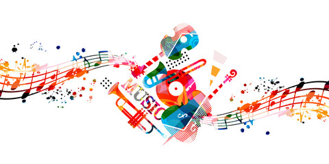 Colorful musical poster with musical instruments and notes isolated vector illustration. Artistic playful music design with vinyl disc for concert events, music festivals and shows, party flyer © abstract