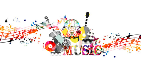 Obraz premium Colorful musical poster with musical instruments and notes isolated vector illustration. Creative music design with cello, guitar and piano for concert events, music festivals and shows, party flyer