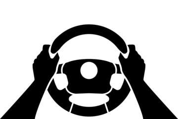 Hands on steering wheel black icon. Driver vehicle. Web Design Template Automobile background. Vector illustration flat style. Isolated on white. Car drive. Driving lessons. Glyph steering wheel.