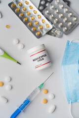 Monkeypox virus case with pills facemask injection and thermometer vaccine quarantine science