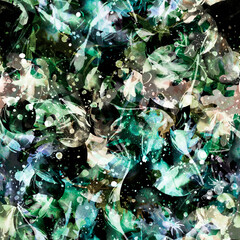 Creative seamless watercolor pattern of plants, Herbs, flowers, poppy, rose, peony. rowan currant, flowers watercolor, stylish pattern. Abstract paint splash. Watercolor background