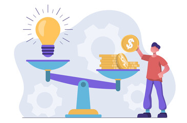 Startup investment. A man weighs money and a light bulb on the scale