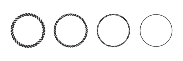 Round rope curve symbol set. Different thickness circular ropes set for decoration. Vector isolated on white. 