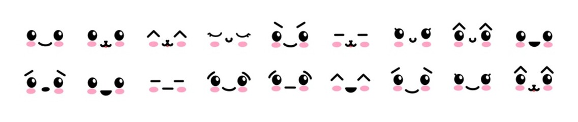 Kawaii cute faces. Manga style eyes and mouths. Funny cartoon japanese emoticon in in different expressions. For social networks. Expression anime character and emoticon face illustration. Background.