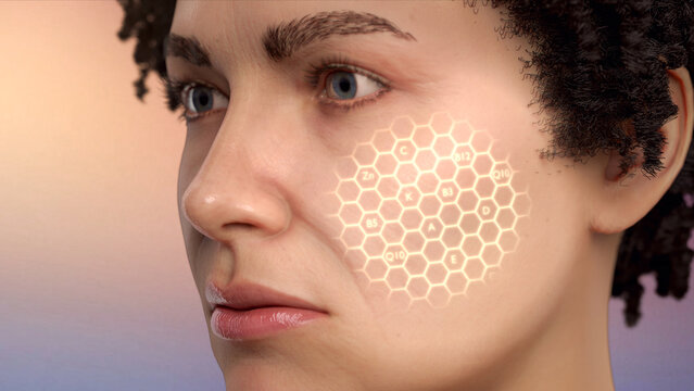 Precessing anti-age from dark to bright woman skin face with vitamin on honey comb effect.