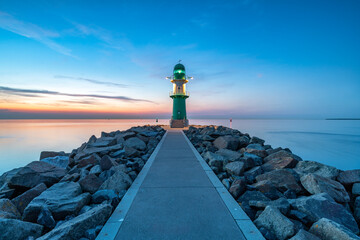 Lighthouse Molenfeuer Westmole at dusk, Warnemünde, Rostock, Mecklenburg-Vorpommern, Germany