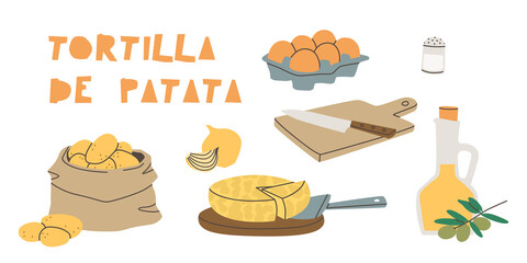 Spanish potato omelette ingredients - tortilla de patata. Olive oil, onions, potatoes, eggs, cutting board and knife. Vector illustration on a white background.