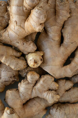 Background food with a lot of ginger root, top view