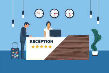 Hotel reception. The businessman client is at registration stand. Woman registrar accepts the client. Hotel booking concept. Reception desk. Vector illustration flat design. Manager accepts tourist.