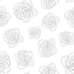 Seamless floral pattern silhouette art line ornaments. Black and white background with flowers. Vector illustration. Simple minimalistic pattern. Contour graphics for invitation, card, textile, fabric