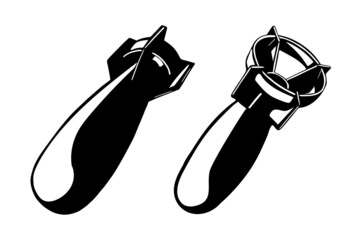 Vector drawing of a bomb on a white background. Falling atomic bomb. A set of bombs in different angles.