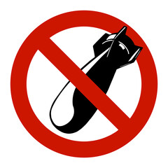 Vector illustration of an air bomb in a red crossed out circle. Poster, sticker against war. Isolated on a white background.