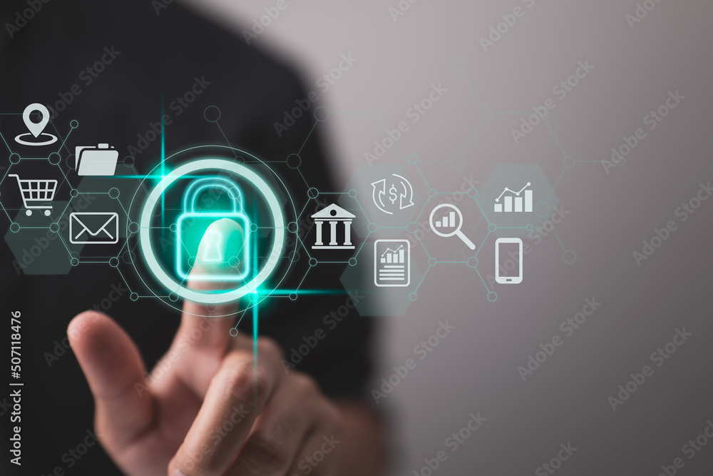 Aufkleber Cybersecurity and privacy ideas are used to safeguard data. The lock icon and internet network security technologies. A businessman uses virtual screen interfaces to secure sensitive data.