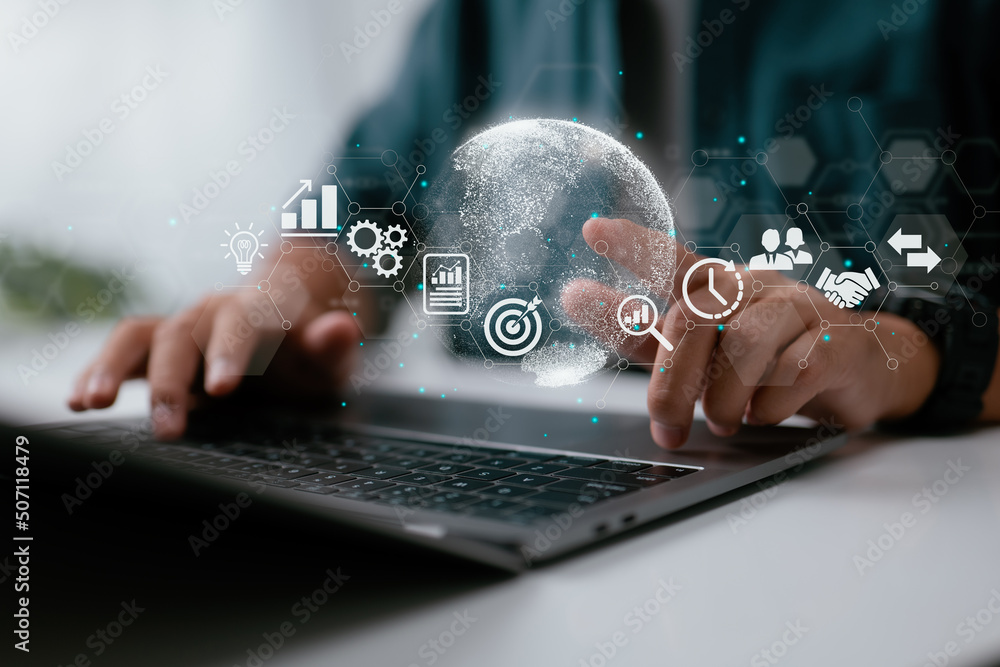 Poster an executive uses a laptop. financial and banking, digital link technology, and big data are example