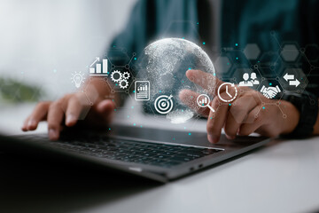 An executive uses a laptop. Financial and banking, digital link technology, and big data are examples of global internet application technology and digital marketing for businesses.