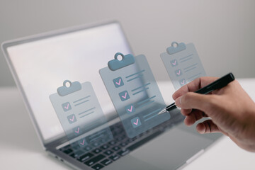 Businessman mark checklist with pen. Completion business task. Goal achievements planning schedule...