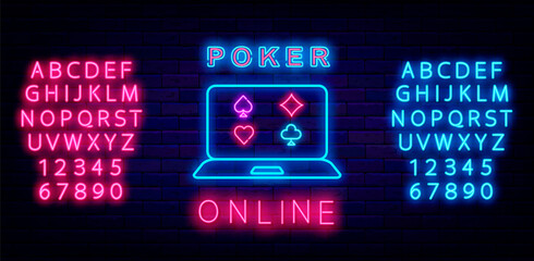 Poker online neon sign. Internet gambling game. Winner concept. Shiny pink and blue alphabet. Vector illustration