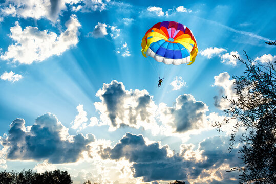 Gliding with a parachute on the background of bright sunset.