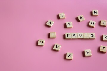Top view image of wooden cubes with text FACTS on pink background.