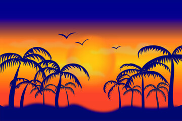 silhouette tropical sunset with palm trees