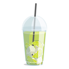 Plastic glass with lime juice or a cocktail with ice and a slices of lime. Take away. Vector graphic.