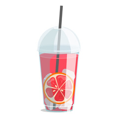 Plastic glass with grapefruit juice or a cocktail with ice and a slice of grapefruit. Take away. Vector graphic.