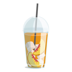 Plastic glass with peach juice or a cocktail with ice and peach slices. Take away. Vector graphic.