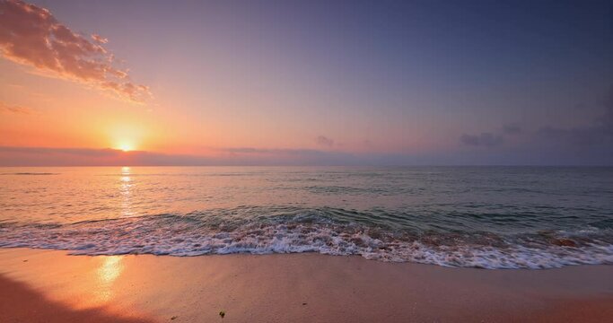 Nature relaxation landscape view beach waves and sea in hot summer day. Ocean sunrise.