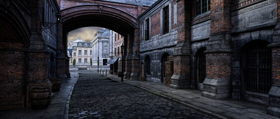 Fototapeta na wymiar Old Victorian city street archway and cobblestones. Steampunk concept urban panoramic 3D illustration.