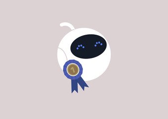 A robot wearing a golden medal decorated with a blue ribbon, a contest winner, AI best result