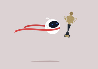 A winning robot crossing a finish line, a machine learning success