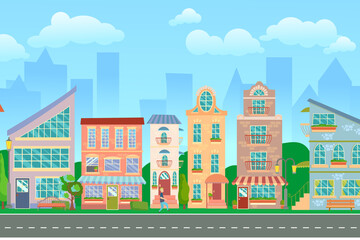 Fototapeta premium City street. Panoramic cityscape with bright houses, walking pedestrians. Shop and stores. Summer city. Vector illustration in cartoon style.