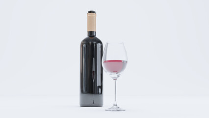 3d render of bottle of wine with glass cup isolated over white background