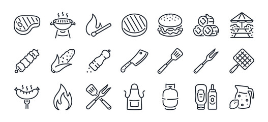 BBQ barbecue and grill related editable stroke outline icons set isolated on white background flat vector illustration. Pixel perfect. 64 x 64.. - obrazy, fototapety, plakaty
