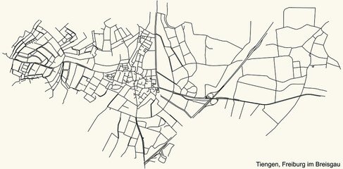 Naklejka premium Detailed navigation black lines urban street roads map of the TIENGEN DISTRICT of the German regional capital city of Freiburg im Breisgau, Germany on vintage beige background