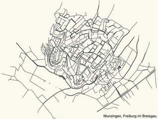 Detailed navigation black lines urban street roads map of the MUNZINGEN DISTRICT of the German regional capital city of Freiburg im Breisgau, Germany on vintage beige background