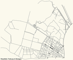 Detailed navigation black lines urban street roads map of the RIESELFELD DISTRICT of the German regional capital city of Freiburg im Breisgau, Germany on vintage beige background