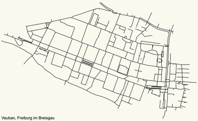 Detailed navigation black lines urban street roads map of the VAUBAN DISTRICT of the German regional capital city of Freiburg im Breisgau, Germany on vintage beige background