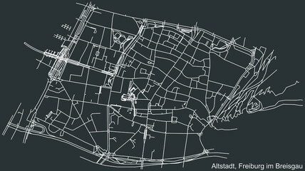 Detailed negative navigation white lines urban street roads map of the ALTSTADT DISTRICT of the German regional capital city of Freiburg im Breisgau, Germany on dark gray background