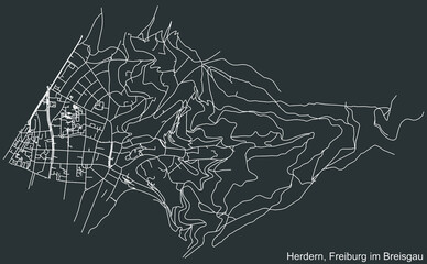 Detailed negative navigation white lines urban street roads map of the HERDERN DISTRICT of the German regional capital city of Freiburg im Breisgau, Germany on dark gray background