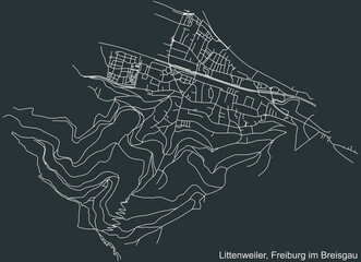 Detailed negative navigation white lines urban street roads map of the LITTENWEILER DISTRICT of the German regional capital city of Freiburg im Breisgau, Germany on dark gray background