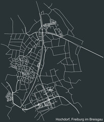 Detailed negative navigation white lines urban street roads map of the HOCHDORF DISTRICT of the German regional capital city of Freiburg im Breisgau, Germany on dark gray background