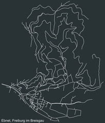 Detailed negative navigation white lines urban street roads map of the EBNET DISTRICT of the German regional capital city of Freiburg im Breisgau, Germany on dark gray background