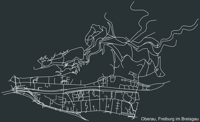 Detailed negative navigation white lines urban street roads map of the OBERAU DISTRICT of the German regional capital city of Freiburg im Breisgau, Germany on dark gray background
