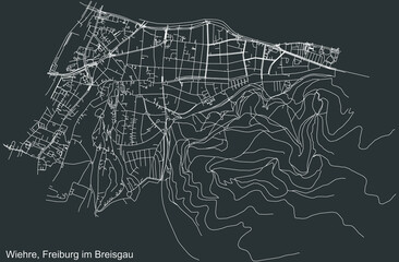 Detailed negative navigation white lines urban street roads map of the WIEHRE DISTRICT of the German regional capital city of Freiburg im Breisgau, Germany on dark gray background
