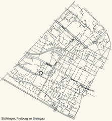 Detailed navigation black lines urban street roads map of the STÜHLINGER DISTRICT of the German regional capital city of Freiburg im Breisgau, Germany on vintage beige background